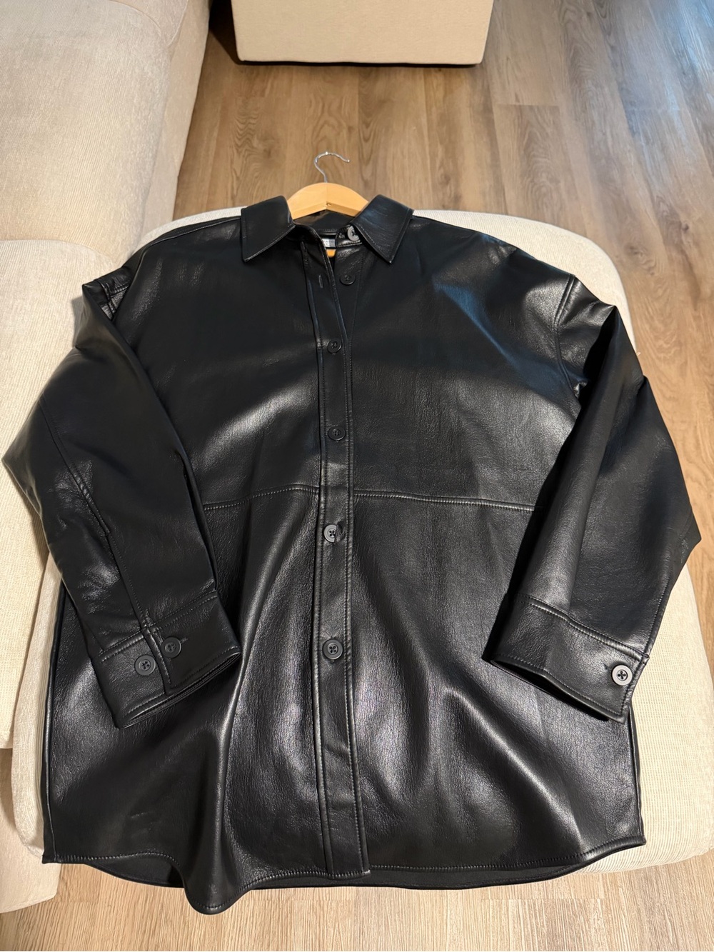 Aritzia Black Leather Button-Up Shirt Jacket and matching skirt